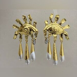 Gold Eye Drop Faux Pearl Dangle Earrings - Women Jewelry